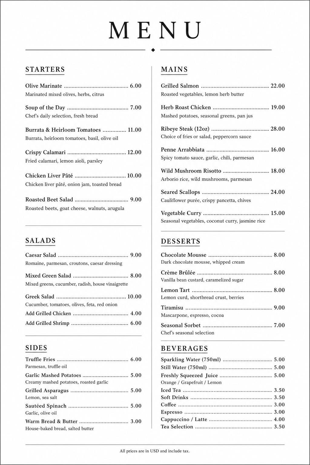 Traditional restaurant menu document